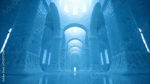 Surreal Blue Ice Palace Hallway with Arches and Light.
