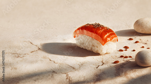 Minimal composition of one sushi on light textured surface with clear top area for branding