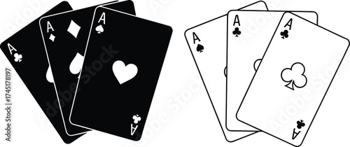 Playing card aces illustration, black and white vector deck design, casino poker symbols, minimalist art concept for gambling and entertainment themes
