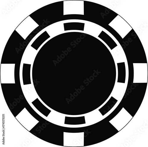 Poker chip icon, black and white vector, casino symbol, gambling token, betting illustration, circular design, gaming element, minimal style, classic look