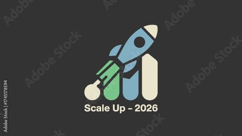 A cartoon rocket launching over stylized bars against a dark background with scale up text below it