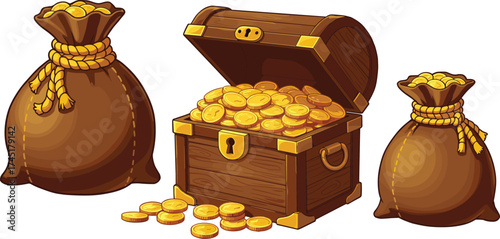 Treasure chest full of shiny gold coins with money bags, wealth concept, financial success, pirate treasure, business prosperity illustration