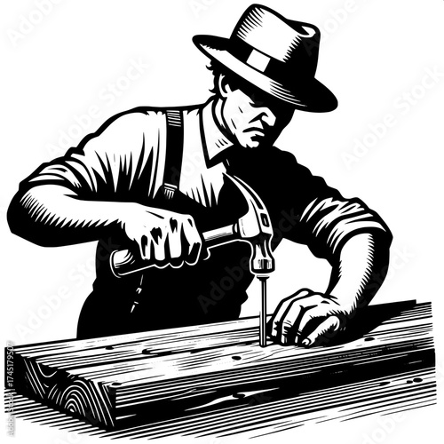 Construction Worker Hammering Nail Vector