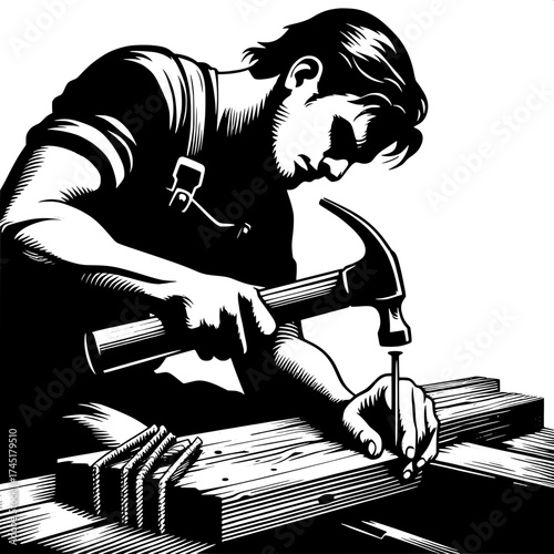 Construction Worker Hammering Nail Vector