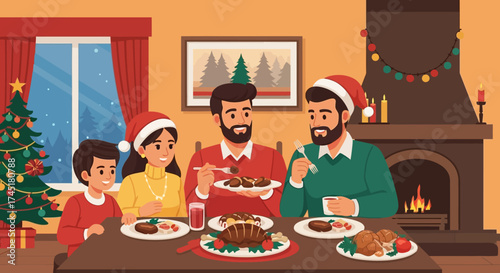 Joyful christmas eve family feast with festive decorations and warm fireplace glow