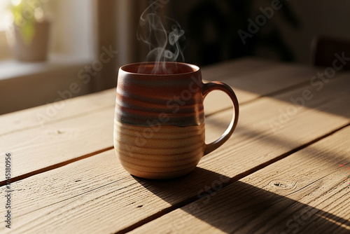 Steaming mug on wooden table coffee hot beverage