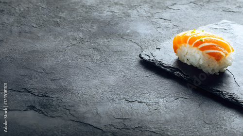 Single sushi piece on slate board with soft shadow and white empty space to the right