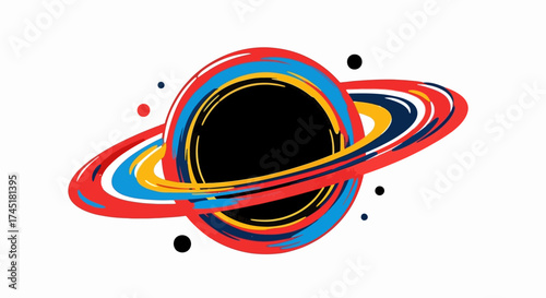 Abstract stylized space illustration of a black hole with vibrant swirling colors and minimalist