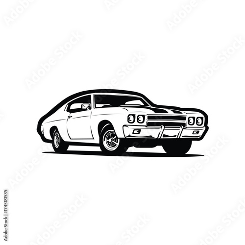 Classic american muscle car monochrome silhouette vector art icon illustration
