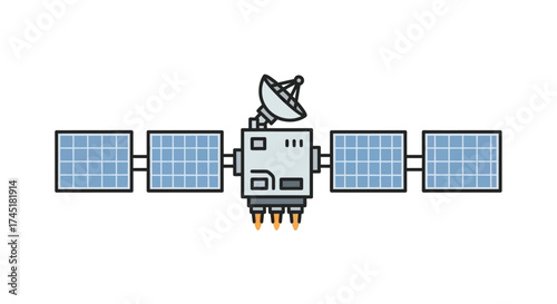 Illustration of a stylized satellite with solar panels and a communication dish in space