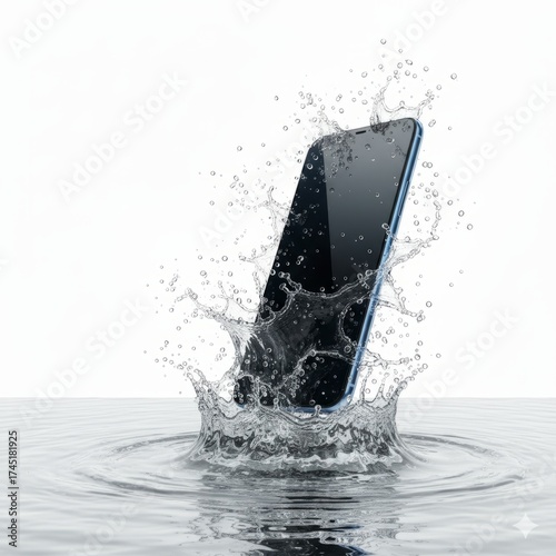 Modern smartphone splashing into water with dynamic drips and ripples. Waterproof technology concept for durable mobile device. Digital gadget.