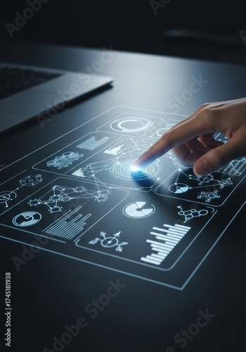 Woman finger touching glowing futuristic interface with data and charts. Digital transformation for business analysis and innovation concept.