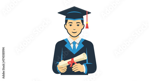 Young graduate with gown holding a diploma on white background celebrating graduation ceremony and