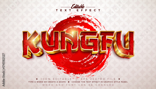 Chinese Kungfu 3D Text Effect Design Editable Vector Graphic Style with Shadow and Red Golden Typography Lettering on Abstract Asian Traditional Pattern Background. Premium Scalable Illustration