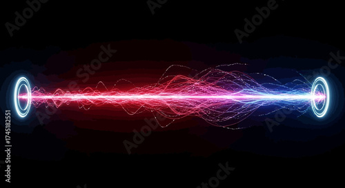 Energetic abstract visualization of light beams bridging space through portal-like rings