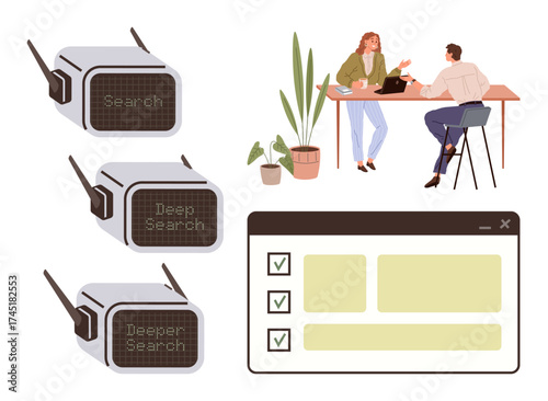 Search devices with increasing depth levels, checklist interface, and two coworkers discussing ideas. Ideal for technology, analysis, collaboration, goal setting, innovation, problem solving