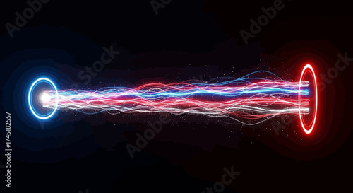 Energetic particle stream flowing between two glowing circular energy portals on black background
