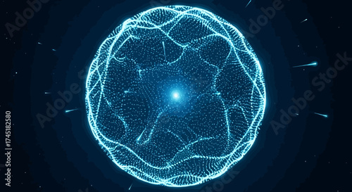 Abstract luminous sphere composed of neon particles in a dark space environment illustration
