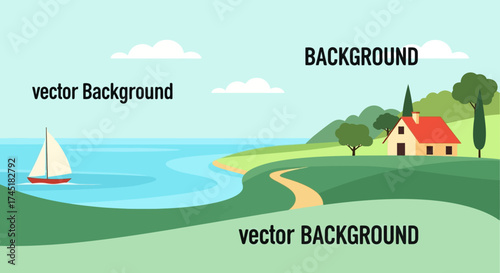 Idyllic coastal landscape illustration with sailboat and countryside house scene serenity