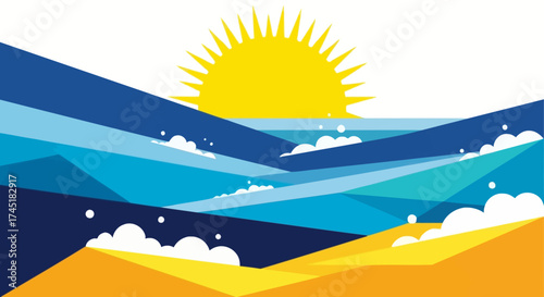 Geometric ocean landscape with rising sun minimalist design summer vibes holiday concept