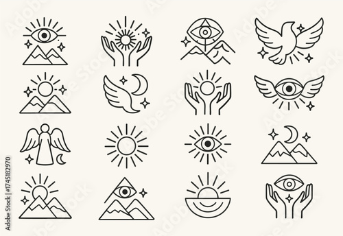 Mystic Eye and Nature Line Icons – Spiritual Enlightenment, Cosmic Energy, and Divine Harmony Vector Set