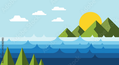 Stylized seascape illustration featuring mountains, ocean waves and rising sun scenery