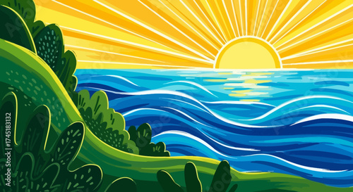 Vibrant seashore artwork featuring sunlit waves and coastal flora idyllic beach escape