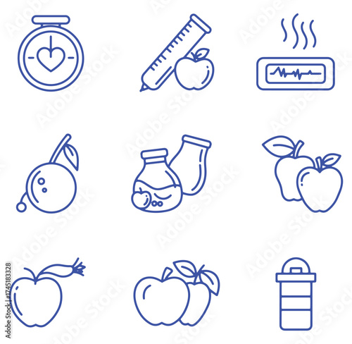 Collection of healthy food and medical icons illustrating well being and wellness in vector format