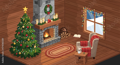 Festive holiday cabin retreat with christmas tree and cozy fireplace scene depiction