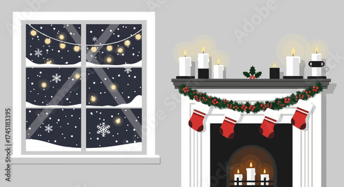 Festive indoor scene with a snowy winter window and decorated fireplace celebrating the holiday