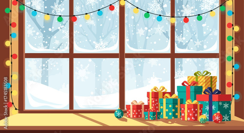 Festive window view with colorful lights, snowy landscape and presents on the windowsill