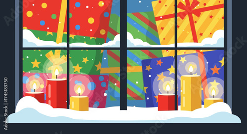 Winter holiday scene of presents behind a window with candles and snow decoration