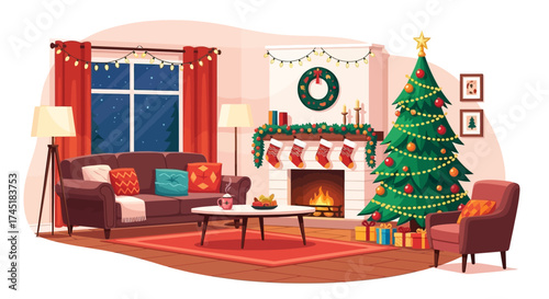 Cozy christmas interior scene with festive decorations and warm lighting creating an inviting