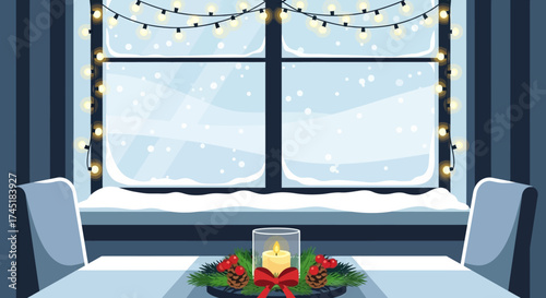 Serene winter evening scene with softly glowing candle and snowy landscape view from window