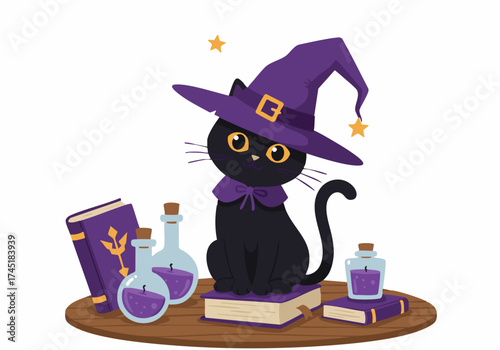 A cute black cat wearing a witch hat sits near potion bottles and spell books.