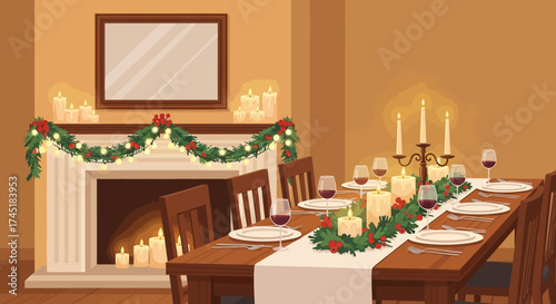 Festive holiday dining scene with elegant table setting and inviting fireplace ambience