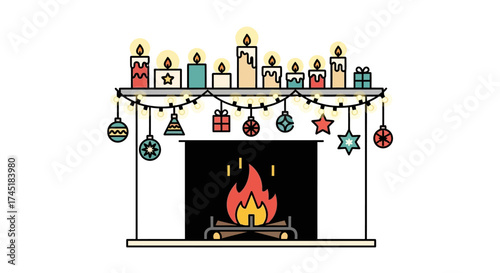 Festive holiday fireplace scene with burning candles and Christmas decorations illustration