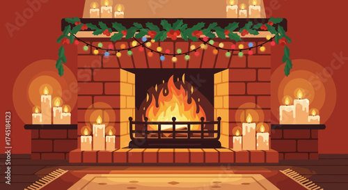 Inviting ambiance of a holiday fireplace with glowing candles and warm decorations