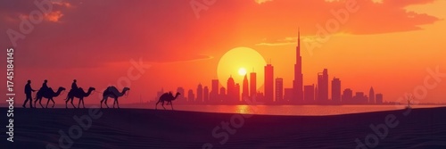 Dubai skyline, camel caravan silhouette at sunset, day, stock