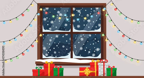 Festive holiday scene of a window covered with snow, lit by string lights, with presents below