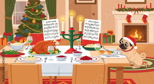Festive christmas dinner scene with decorated tree, fireplace, and a pug wearing a santa hat
