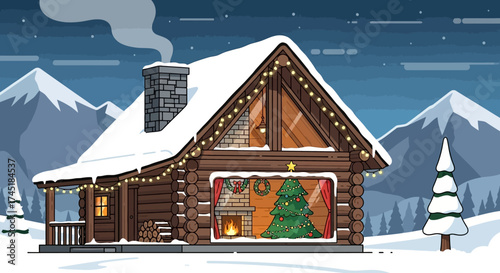 Festive winter cabin retreat adorned with twinkling lights and snow-covered mountains in the
