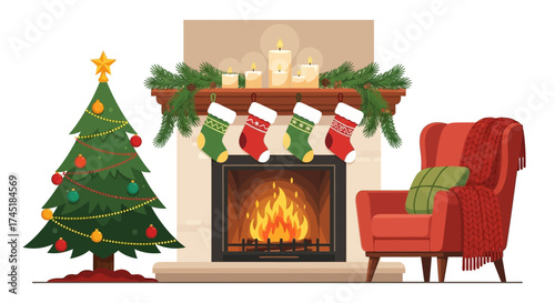 Festive christmas eve scene with decorated tree cozy fireplace and comfortable armchair with blanket