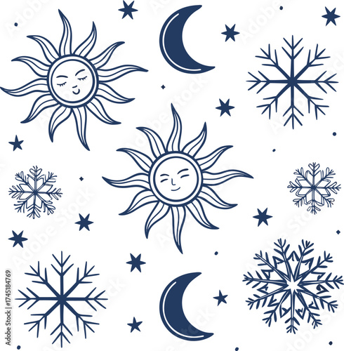 seamless celestial pattern with sun moon snowflake and star in dark blue winter theme