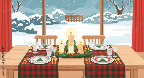 Festive holiday dining room scene with a snowy landscape and holiday decorations displayed inside