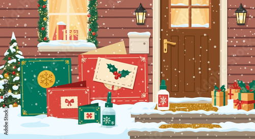 Festive Front Porch Scene with Christmas Decorations and Handmade Holiday Card Preparations