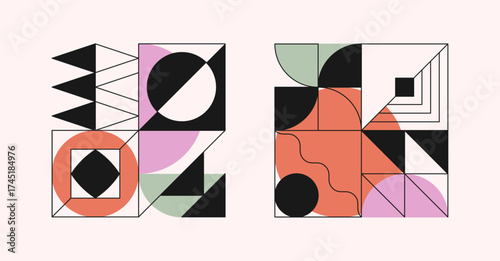 Bold geometric designs with block shapes and elements.Abstract minimal artworks