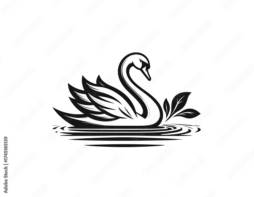 Fototapeta premium Black and white swan graphic design. Swan gracefully gliding on water, stylized with foliage. Elegant, vintage-inspired