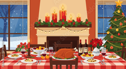 Warm christmas dinner scene illustration, decorated fireplace and table, snow falling view outside