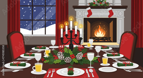 Festive Christmas Dinner Table Setting with Fireplace Ambiance and Snowy Window View